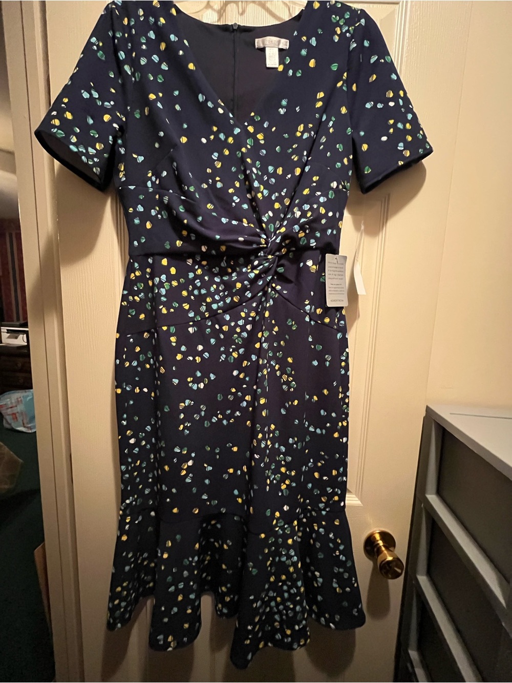 London Times Navy Twist-Front Midi Dress with Yellow & Light Blue Dots